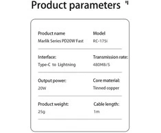 Greito įkrovimo kabelis REMAX RC-175i 20W PD USB-C į Lightning, 1m: Spalva - Rožinė