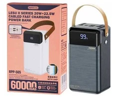 Išorinė baterija (Powerbank) REMAX RPP-565 60000mAh su įmontuotais kabeliais ir LED šviestuvu, pilka