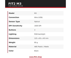 Pelė žaidimams FIT2 M3 RGB , su laidu USB, 1600 DPI, juoda