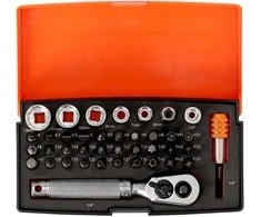 Galvučių, terkšlės ir priedų rinkinukas 6-13mm, antgaliai PH,HEX,TORX 1/4" 39vnt Bahco