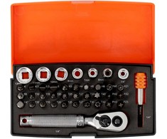 Galvučių, terkšlės ir priedų rinkinukas 6-13mm, antgaliai PH,HEX,TORX 1/4" 39vnt blisteryje. Bahco