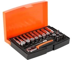 Galvučių, terkšlės ir priedų rinkinukas 4-13mm, antgaliai PH,HEX,TORX 1/4" 37vnt blisteryje. Bahco