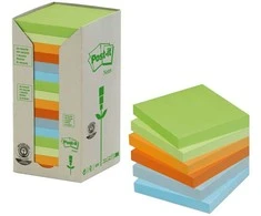 3M Lipnūs lapeliai „Post-it“ perdirbimui, įvairių spalvų, 76 x 76 mm, 16 vnt. pakuotėje.