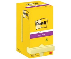 3M Lipnūs lapeliai „Post-it“, itin lipnūs, geltoni, 76 x 76 mm, pakuotėje po 12 vnt., 100 % sertifikuoti PEFC