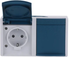 ABB Dvigubas „Ocean“ IP44 horizontalus lizdas su atlenkiamu dangteliu ir pilku/mėlynai žaliu pagrindu, 16A 250V, „Schuko“/šoninis įžeminimas ir apsaugos nuo vagystės įtaisas