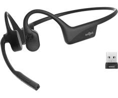 Aftershokz SHOKZ OpenComm2 UC 2025 atnaujintos belaidės „Bluetooth“ kaulinio laidumo vaizdo konferencijų ausinės su USB-C įkrovimo prievadu ir USB-A adapteriu | 16 val. pokalbių laikas, 29 m belaidis diapazonas, 1 val. įkrovimo laikas | Komplekte yra triukšmą slopinantis strėlės formos mikrofonas ir adapteris, juodos spalvos, belaidės, biurui / skambučių centrui, 35 g, ausinės, juodos