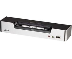 ATEN 2 prievadų USB DVI dvigubo vaizdo KVM jungiklis su garsu ir USB 2.0 šakotuvu (pridedami KVM kabeliai), 2560 x 1600 pikselių, Ethernet LAN, montuojamas į stovą, 10,6 W, 1U, juodas, sidabrinis