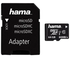 Atminties kortelė Hama Micro SDXC 64GB, 64 GB, Micro SDXC, 10 klasė, UHS-I, 80 MB/s, Juoda