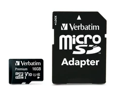 Atminties kortelė Verbatim Premium, 16 GB, Micro SDHC, Class 10, 80 MB/s, 10 MB/s, Juodas