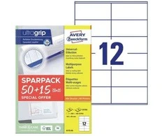 Avery Zweckform Universalios etiketės „Avery“ 105x48 mm, baltos su „Ultragrip“ danga + 30% papildomo turinio - (65 lapai x 12 vnt.)