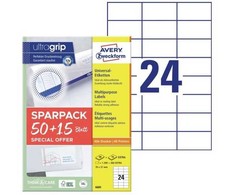 AVERY Etykiety universalus 70x37 mm balta su Ultragrip + 30% dodatkowa zawartość (65 ark x 24 vnt.)