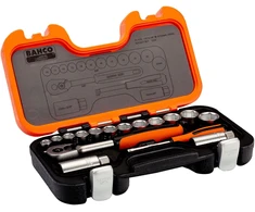 BAHCO 1/4" ir 3/8" lizdinių raktų rinkinys, 33 dalių lizdai, terkšlė, prailginimo antgaliai, universali jungtis