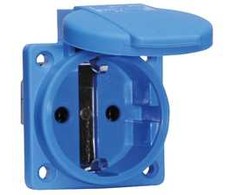 BALS Schuko lizdas 250V 16A 2 polių + įžeminimas, greito prijungimo flanšas 50x50 mm su atlenkiamu dangteliu, mėlynas IP44, poliamidas