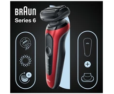 Barzdaskutė Braun Series 6 61-R1200s, Foil shaver, Juodas, Raudona, SensoFlex, SensoFoil, Mygtukai, LED, Baterija