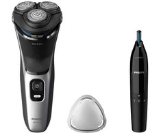 Barzdaskutė Philips Shaver 3000 Series S3143/02 Drėgno ir sauso skutimo elektrinis skustuvas, Rotacinis skustuvas, Juoda, Sidabrinė, „PowerCut“ peiliukų sistema, SH30, 2 metai, Baterija