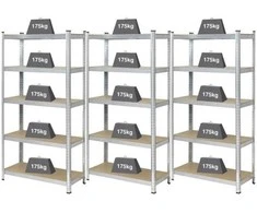 Basetech 2142910 Lentynos sunkiems daiktams, 175 kg, 3 dalių rinkinys (P x A x G), 900 x 1800 x 400 mm, GS, metalas, MDF, medinės grindys, cinkuota, sidabrinė
