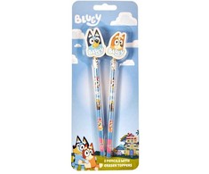 Bluey BLUEY 2-pack pencils w/2 eraser toppers - triangular pencils, unsharpened, each with eraser topper, packed on blistercard w/eurohole, CE &amp; 0-3 metai pictogram