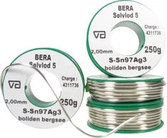Boliden Bergse BERA sidabrinis litavimo laidas 5, vientisa viela 2 mm, ritinėlis po 250 gramų. Lydymosi temperatūra 221 °C.