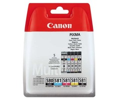 „Canon PGI-580BK/CLI-581 BK/C/M/Y“ pigmento + rašalo kasečių rinkinys, Standartinio našumo, Juoda, Žydra, Purpurinė, Geltona, 11,2 ml, 5,6 ml, 5 vnt., Kelių pakuočių rinkinys