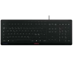 Klaviatūra „CHERRY STREAM PROTECT“, viso dydžio (100 %), laidinis, USB, žirklinio mygtuko jungiklis, QWERTY, juodas