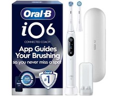 „Oral B iO6“ elektrinis dantų šepetėlis – baltas – 2 šepetėlių galvutės, aukščiausios kokybės kelioninis dėklas