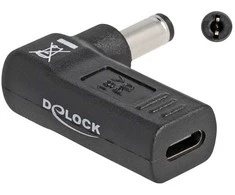 „DeLOCK“ nešiojamojo kompiuterio įkrovimo kabelio adapteris, USB C tipo lizdas - 5,5 x 2,1 mm kištukas, 90° kampu, skirtas naudoti patalpose, 3 A, juodas