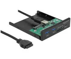 „DeLOCK“ priekinis skydelis 3,5 colio USB 5 Gbps 1 x USB C tipo + 2 x USB A tipo + SD ir „Micro SD“ lizdas, Priekinis skydelis, Metalinis, Juodas, 8,89 cm (3,5 colio), 2 x USB A 3.2 Gen 1, 1 x USB C 3.2 Gen 1, 1 x „Micro SD“ lizdas, 1 x SD lizdas, 1 x 19 kontaktų USB 3.0 jungtis, 1 x SATA 15 kontaktų