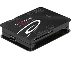 „DeLOCK“ USB 2.0 kortelių skaitytuvas, skirtas CF / SD / Micro SD / MS / xD / M2 atminties kortelėms, CF, MMC, MS Duo, MS Micro (M2), MicroSD (TransFlash), SD, xD, Juodas, 480 Mbit/s, USB 2.0, 43,5 mm, 56,6 mm