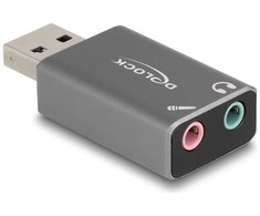 „DeLOCK“ išorinė USB garso plokštė su USB-A tipo kištuku į 2 x 3,5 mm stereo lizdą. „Plug &amp; Play“ garso adapteris asmeniniams kompiuteriams, nešiojamiesiems kompiuteriams ir „Mac“, USB 2.0 A tipo, 3,5 mm 3 kontaktų, pilka.
