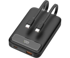 Išorinė baterija DELTACO, 10 000 mAh, 2 integruoti USB-C laidai, PD 20 W, juodas / PB-CC100 / 1903845