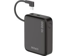 Išorinė baterija DELTACO, 10 000 mAh, integruotas tekstilinis laidas, PD 20 W, juoda / PB-CC101 / 1903846