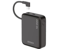Išorinė baterija DELTACO, 10 000 mAh, integruotas tekstilinis laidas, PD 20 W, juoda / PB-CC101 / 1903846
