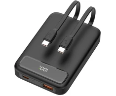 Išorinė baterija DELTACO, 10 000 mAh, 2 integruoti USB-C laidai, PD 20 W, juodas / PB-CC100 / 1903845