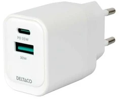 USB GaN sieninis įkroviklis DELTACO, 1x USB-A 18 W, 1x USB-C PD 35 W, PPS / USBC-AC159 / 1903775