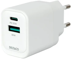 USB GaN sieninis įkroviklis DELTACO, 1x USB-A 18 W, 1x USB-C PD 35 W, PPS / USBC-AC159 / 1903775