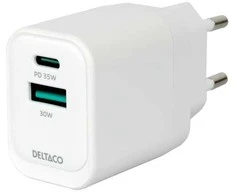 USB GaN sieninis įkroviklis DELTACO, 1x USB-A 18 W, 1x USB-C PD 35 W, PPS / USBC-AC159 / 1903775