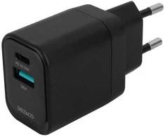 USB sieninis įkroviklis DELTACO, 1x USB-A 18 W, 1x USB-C PD 20 W, juodas/ USBC-AC153 / 1903152