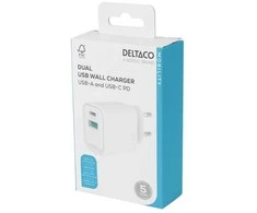 USB sieninis įkroviklis DELTACO, 1x USB-A 18 W, 1x USB-C PD 20 W, baltas/ USBC-AC154 / 1903153