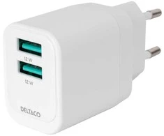 USB sieninis įkroviklis DELTACO, 2x USB-A, 12 W prievadai, maks. bendra galia 12 W, baltas / USB-AC200 / 1903265