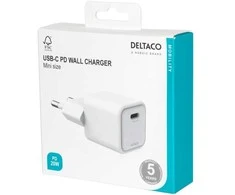 USB-C mini sieninis įkroviklis DELTACO 1x USB-C, PD 20 W, baltas / USBC-AC150