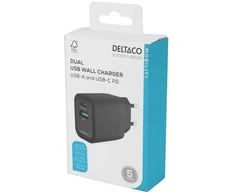 USB sieninis įkroviklis DELTACO, 1x USB-A 18 W, 1x USB-C PD 20 W, juodas/ USBC-AC153 / 1903152