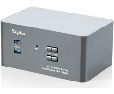 Digitus KVM perjungiklis, 2 prievadų, trijų ekranų, 4K, HDMI, 3840 x 2160 pikselių, 4K Ultra HD, pilkas