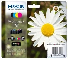 Epson „Daisy“ kelių spalvų pakuotė, 4 spalvos, 18 „Claria Home“ rašalo kasečių, standartinio našumo, juoda, žydra, rausvai raudona, geltona, 1 vnt., kelių spalvų pakuotė