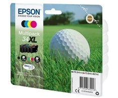 Epson Golfo kamuoliukų kelių spalvų pakuotė, 4 spalvos, 34XL DURABrite Ultra rašalas, didelės (XL) talpos, juoda, žydra, rausvai raudona, geltona, pigmentinis rašalas, 16,3 ml, 10,8 ml, 1 vnt.