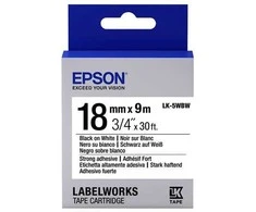 Epson Etikečių kasetė su stipriais lipnumo elementais LK-5WBW juoda/balta 18 mm (9 m), juodas ant balto, Japonija, LabelWorks LW-1000P LabelWorks LW-400 LabelWorks LW-400VP LabelWorks LW-600P LabelWorks LW-700..., 1,8 cm, 9 m, 1 vnt.