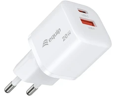 Equip 2 prievadų 20W GaN USB PD įkroviklis, USB-C x 1, USB-A x 1, 25 vnt./pak., vidaus, AC, 12 V, balta