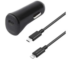 ESSENTIALS Automobilinis įkroviklis 20 W, USB-C-Lightning laidas, 1 m, juodas