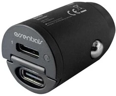 ESSENTIALS Automobilinis įkroviklis 2x USB-C PD 30W, dvigubas iš viso 24W, juodas