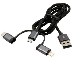 Exsys USB 3-in-1 įkrovos kabelis „Lightning“/C/Micr“, juodas, su apsauginiu sluoksniu nailono, 1 m