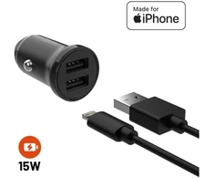 Įkroviklis Fixed Rinkinys ładowarki samochodowej FIXED s 2x gniazdo USB i kabelis USB/Lightning, 1 metr, MFi, 15W Smart Rapid Charge, juoda